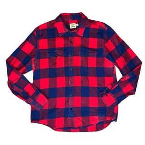 Flint and Tinder Flannel Shirt Mens Medium Red Blue Plaid Button Down Casual